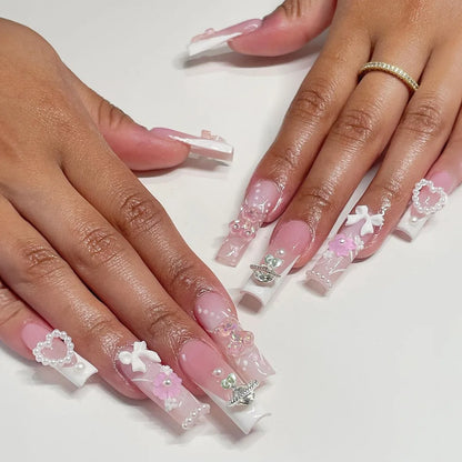 Kawaii Pink Bow Ballet Coffin Press-On Nails 🎀✨ - 24 Pcs Full Cover Magic!