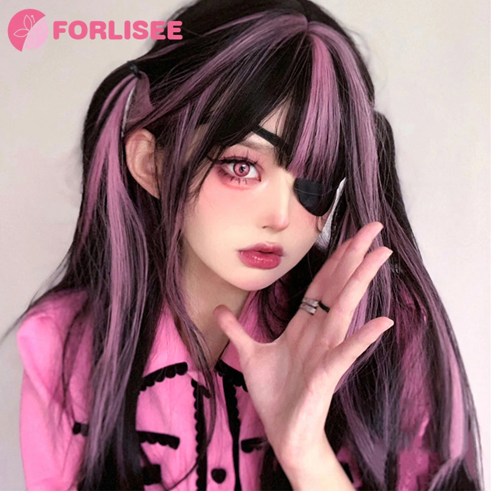 Kawaii Magic! 🌸✨ FORLISEE Black & Pink Long Straight Wig with Bangs - Perfect for Cosplay & Sweet Lolita Looks! 💖🎀