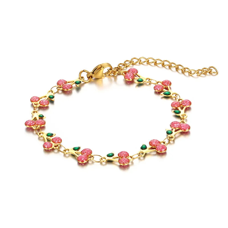 Kawaii Cherry Blossom Charm Bracelet 🍒✨ - Adorable Stainless Steel Jewelry for Women & Girls, Perfect for Parties & Gifts! 🎉💖