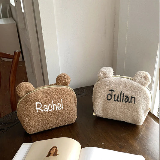 Kawaii Custom Teddy Sherpa Cosmetic Bag 🐻✨ | Personalized Makeup Travel Pouch 🎀 | Perfect Bridesmaids & Wedding Favor Gift 🎉