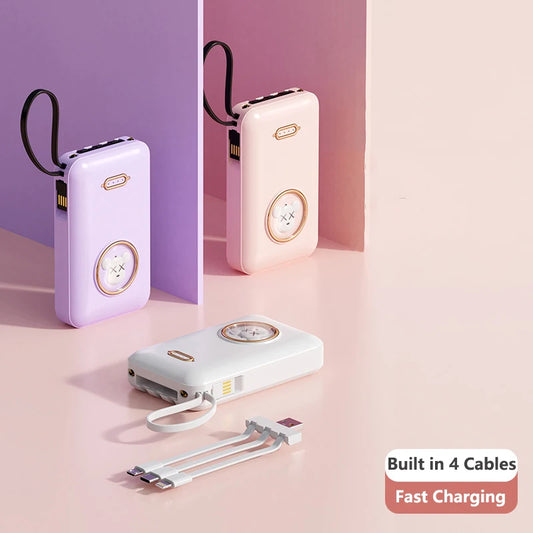 Kawaii Pet Power Bank 🐾✨ | 20,000mAh Mini Charger with Built-in Cables & LED Light 💖