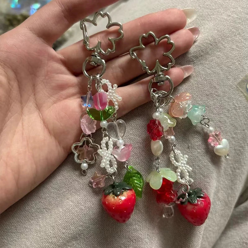 Delightful Strawberry Bow Keychain Y2K Charm Bag Pendant Lily Of The Valley Fairy Tale Jewelry Accessories 🍓🎀💫
