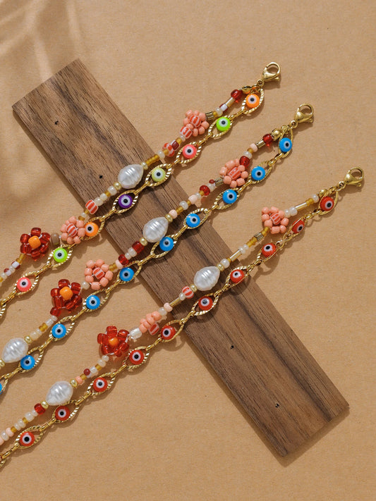 Stainless Steel Evil Eye Pearl Double Layer Bracelet For Women Enamel Rice Beads Jewelry With Lucky Turkish Charm 🧿✨💎