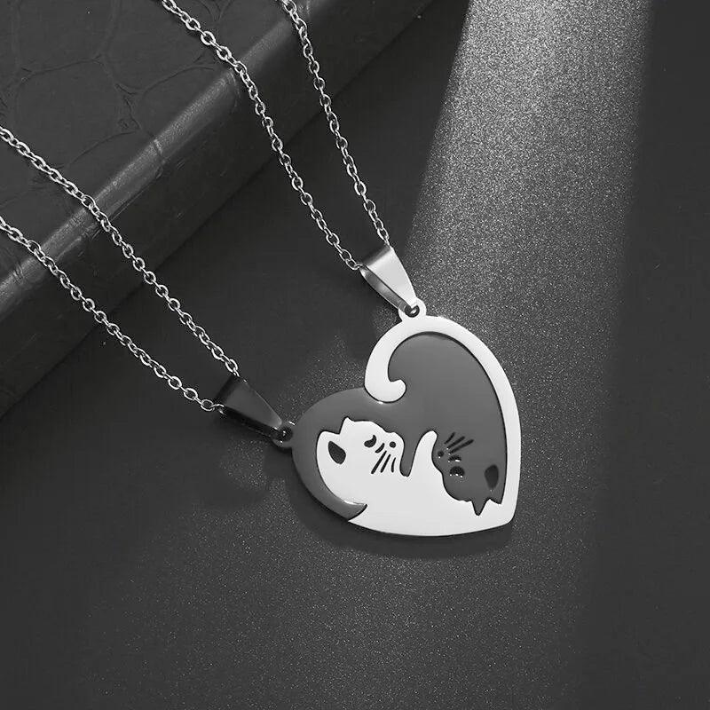 Kawaii Cat Couple Love Necklace 🐾💕 | Trendy Stainless Steel BFF Pendant Jewelry Gift for Friends & Lovers!