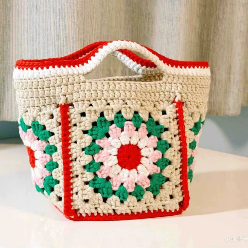 Granny Square Crochet Shoulder Bag For Women Handmade Yarn Canvas Shopper 🍓🧶