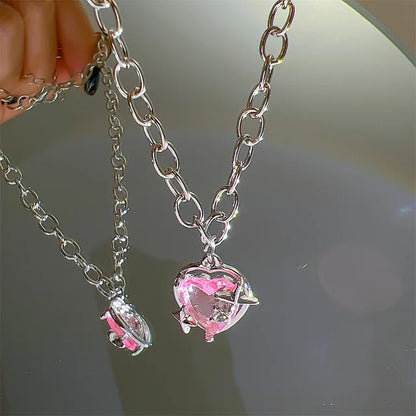 Kawaii Pink Planet Heart Zircon Pendant Necklace 🌟💖 | Trendy Clavicle Chain for Fashionable Women | Perfect Valentine's Day Gift 🎁✨