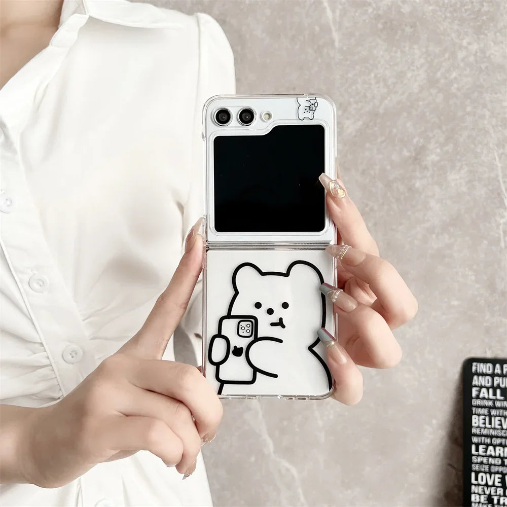 ✨ Adorable Bear Pearl Bracelet Case for Samsung Galaxy Z Flip 5, 4, 3 - Cute Cartoon Clear Cover! 🐻💖