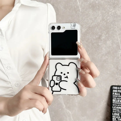 ✨ Adorable Bear Pearl Bracelet Case for Samsung Galaxy Z Flip 5, 4, 3 - Cute Cartoon Clear Cover! 🐻💖