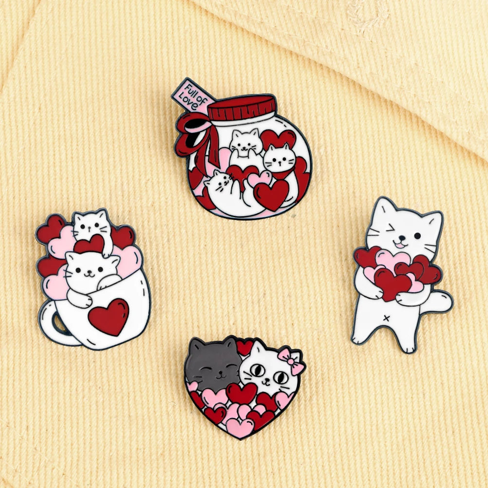 Kawaii Wink Cat Brooch with Red Heart ❤️ | Cute Cup Kitty Enamel Pin for Cat Lovers 🐾 | Perfect Gift for Friends 🎁
