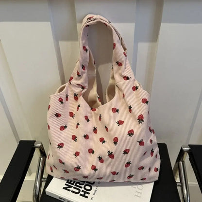 Strawberry Dream Tote 🍓✨ - Adorable Square Corduroy Bag for Stylish Girls! 🌸💖 - Pixie Quill