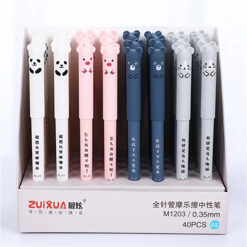 Kawaii Erasable Gel Pen Set 🐷🐻🐱🐭 - 4 Adorable Designs for School & Office ✏️✨ - 0.35mm Blue & Black Ink