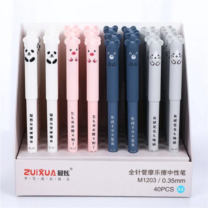 Kawaii Erasable Gel Pen Set 🐷🐻🐱🐭 - 4 Adorable Designs for School & Office ✏️✨ - 0.35mm Blue & Black Ink