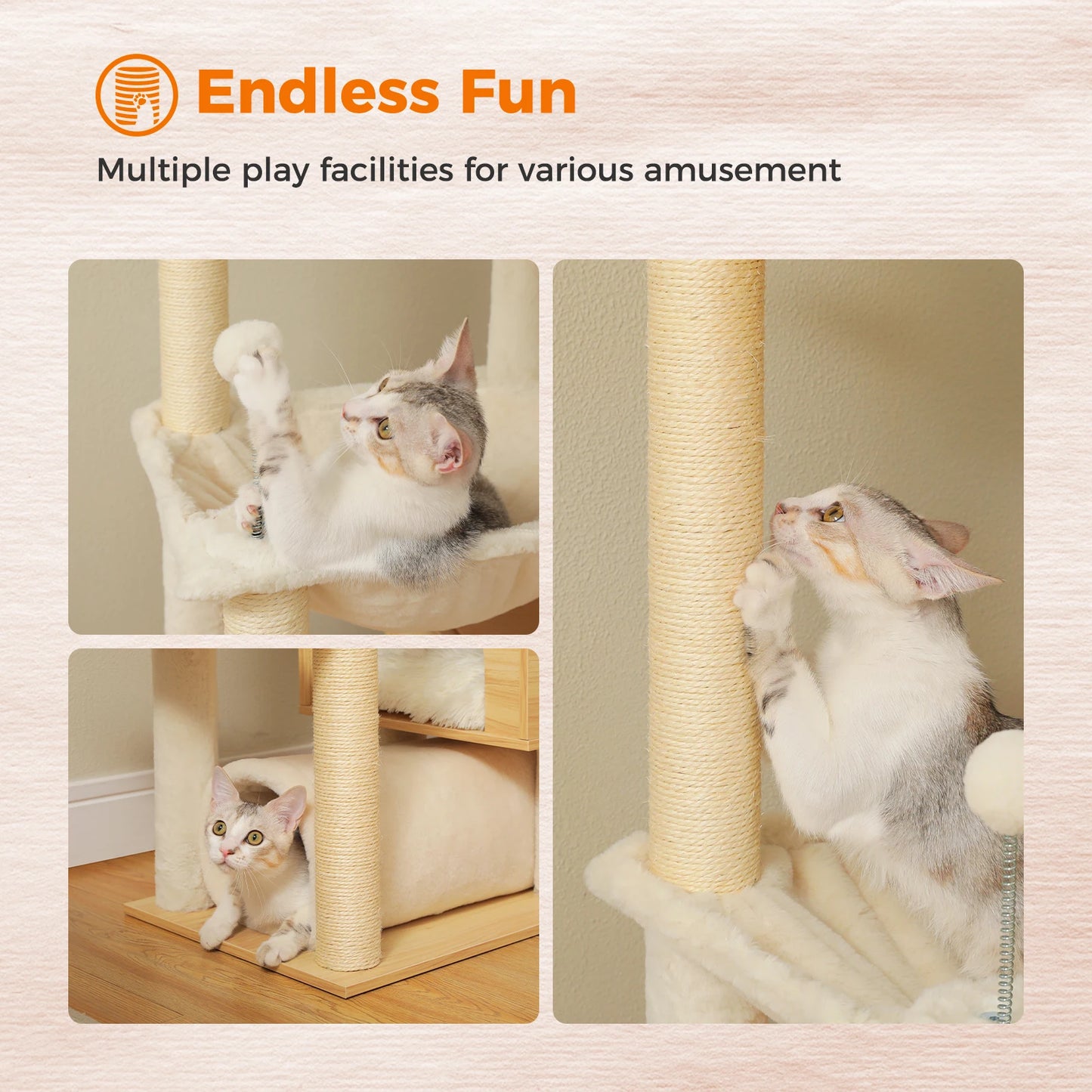 Whimsical Height Adjustable Wooden Cat Tree With Hammock And Sisal Posts 🐾 Tower