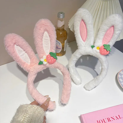 Kawaii Plush Strawberry Rabbit Ear Headband 🌸💖 Cute Fashion Accessory for Women & Girls – Perfect for Parties & Face Washing!