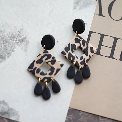 Leopard Pattern Polymer Clay Earrings Set 🐆 Multi Shapes Black White Drops ✨