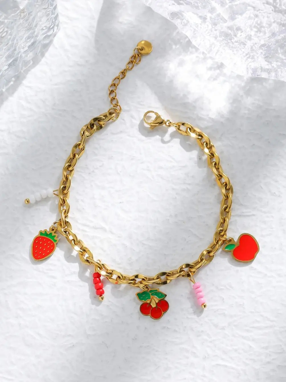 Sweet Charm Bracelet Strawberry Apple Cherry Natural Stone Pendant Jewelry Cute Accessory Girls Gift Party 🍓🍎🍒