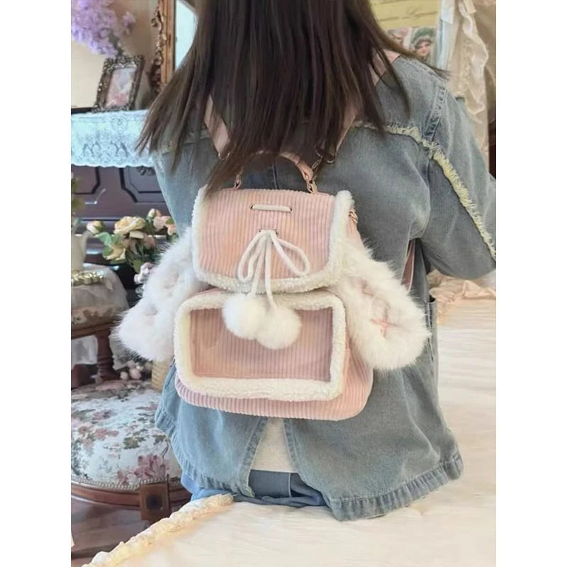 Kawaii Pink Bunny Ear Backpack 🐰✨ Cute Corduroy Ita Bag for Women – Adorable Plush Aesthetic! 🌸🎒