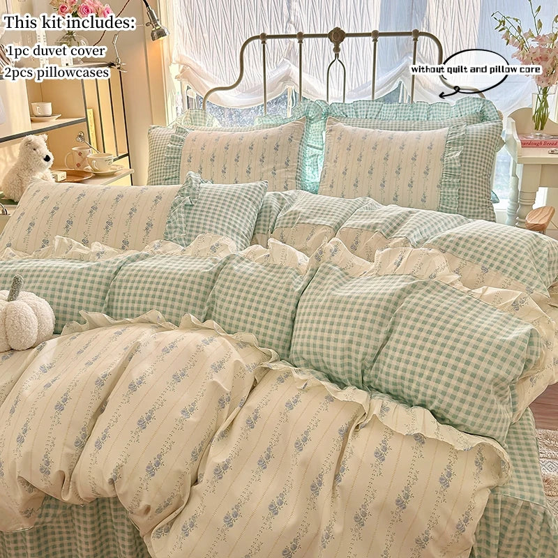 Kawaii 3-Piece Cotton Duvet Cover Set 🌸✨ (Duvet Cover + 2 Pillowcases) - Soft Floral Bedding with Korean Lace 🛏️💖