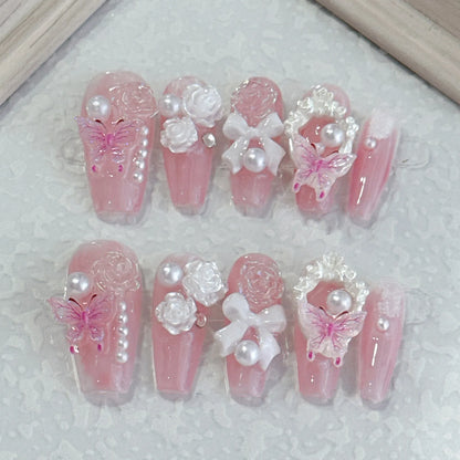 Kawaii Dream 🌸 10pcs 3D Butterfly & Rose Decor Press-On Nails 💅🏼 Long Ballet Style for Sweet Y2K Weddings & More!