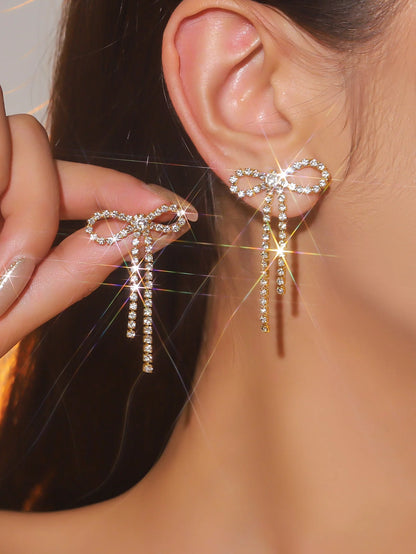 Kawaii Charm ✨ Colorful Rhinestone Bow Dangle Earrings with Long Tassels 🌈 Cute Sparkly Jewelry for Women