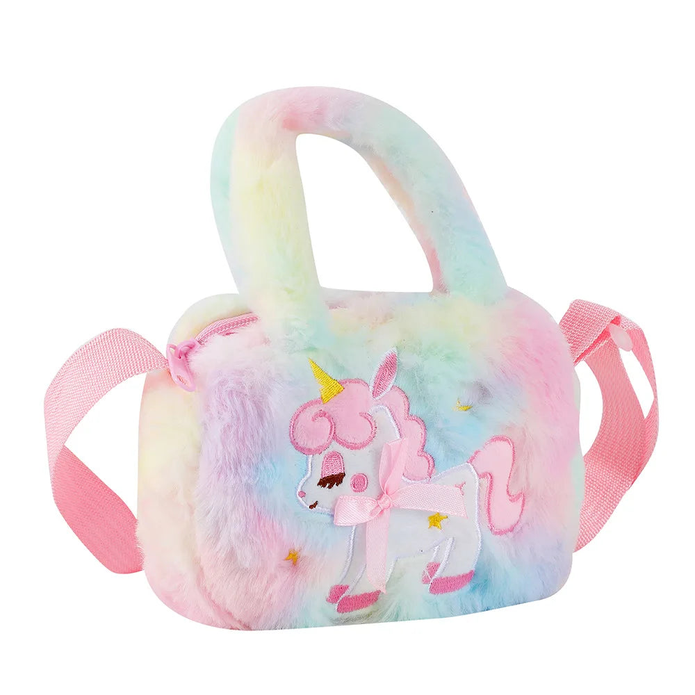 Kawaii Unicorn Plush Crossbody Purse 🦄✨ Fluffy Rainbow Handbag for Little Girls 🌈💖 Cute Cartoon Furry Shoulder Bag