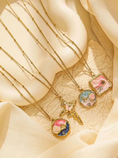 Women's Stainless Steel Gold Necklace With Pearl Zircon Flower Pendant Dripping Enamel Art Jewelry 💖🌸