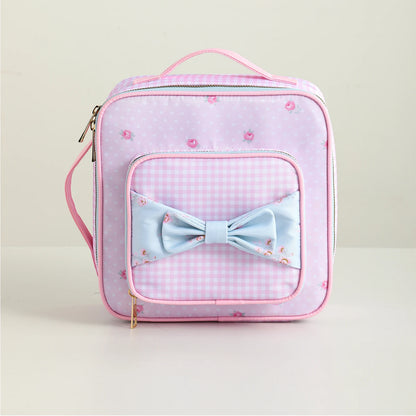 Kawaii Insulated Lunch Tote 🍱🌸 Cute Floral Canvas with Polka Dots & Blue Plaid Bow 🌼🎀 Portable Zipper Bag with Handle