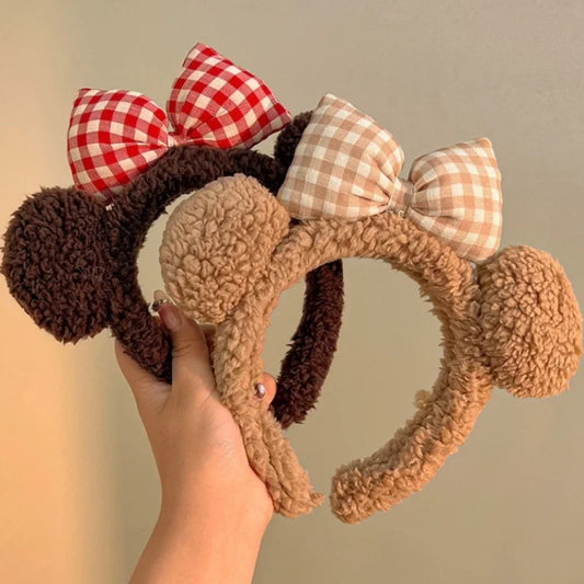 Kawaii Bear Ear Headband 🐻✨ | Cute Bowknot Hairband for Winter | Plush Cartoon Face Wash Hair Hoop for Girls 🎀