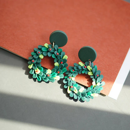 Handmade Floral Wreath Polymer Clay Pattern Earrings Set Multi Color Christmas Dangle Jewelry 🎄🌸✨