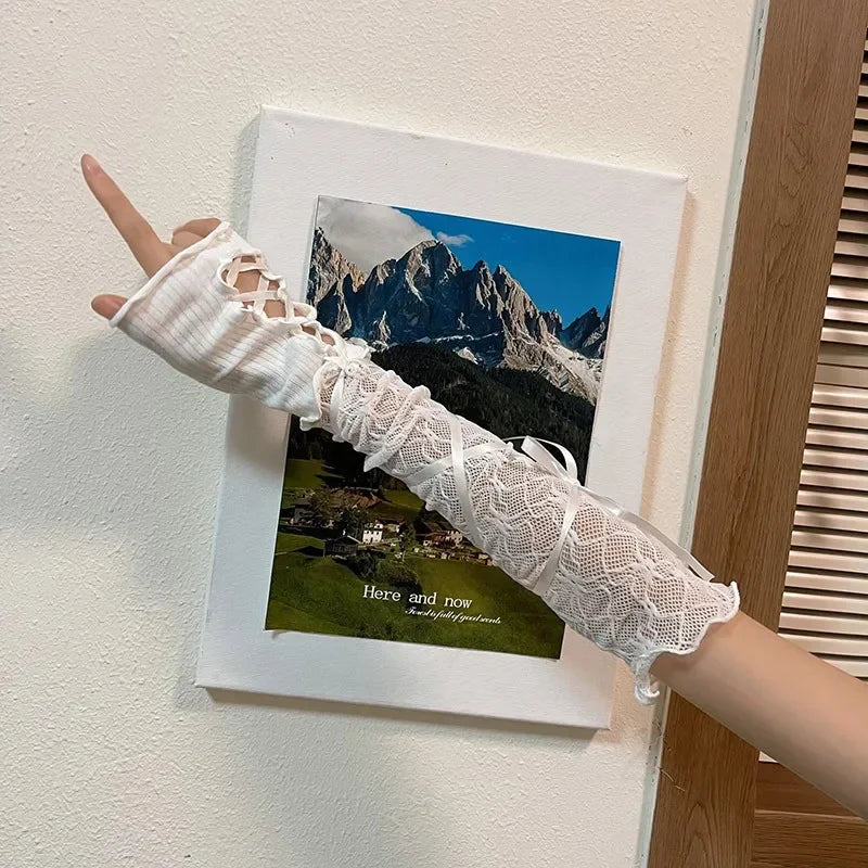 Gothic Lolita Lace Fingerless Gloves Black Mesh Sleeve Accessory Punk Style 🖤