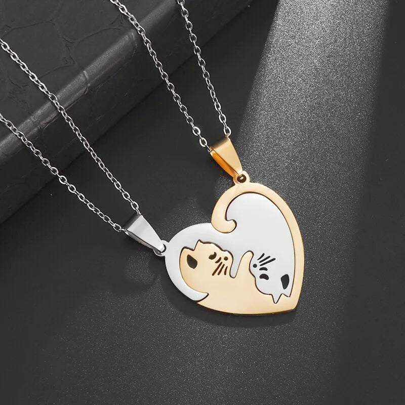 Kawaii Cat Couple Love Necklace 🐾💕 | Trendy Stainless Steel BFF Pendant Jewelry Gift for Friends & Lovers!