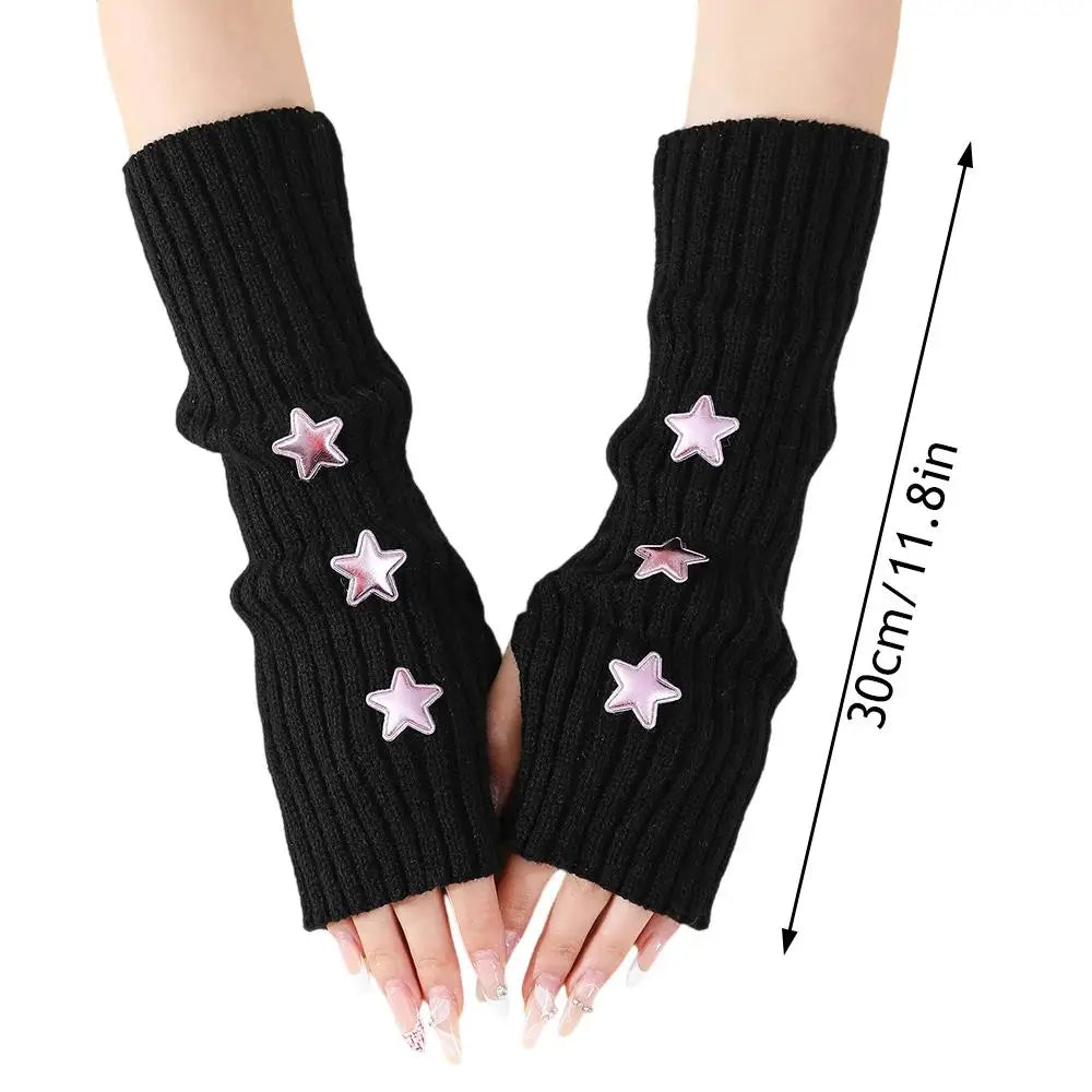 Y2K Fingerless Gloves Women Knitted Arm Warmers Cute Star Decor ⭐ Cozy Winter