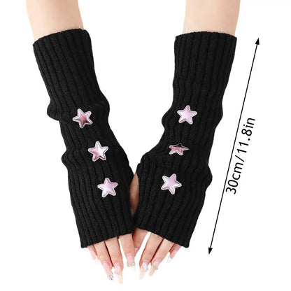 Y2K Fingerless Gloves Women Knitted Arm Warmers Cute Star Decor ⭐ Cozy Winter