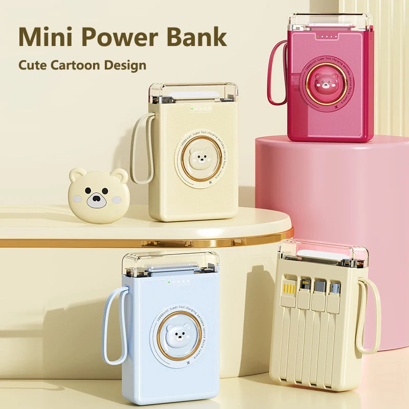 Kawaii 20000mAh Mini Power Bank 🐾✨ Cute Pet Cartoon Design with 4 Built-in Cables & LED Light!