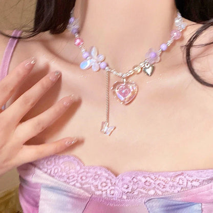 Kawaii Heart & Butterfly Choker Necklace 🌈✨ | Y2K Aesthetic Punk Jewelry for Girls 💖🎀