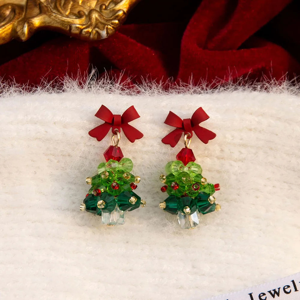 Crystal Beaded Christmas Tree Earrings With Red Bow 🎄 Elegant Holiday Jewelry