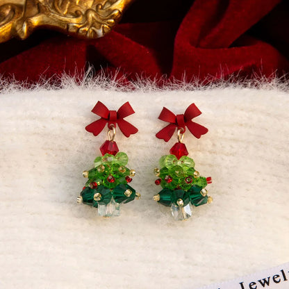 Crystal Beaded Christmas Tree Earrings With Red Bow 🎄 Elegant Holiday Jewelry
