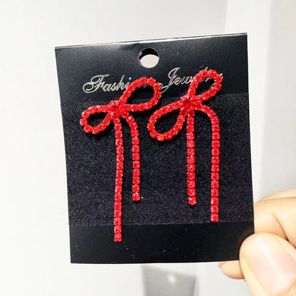 Kawaii Charm ✨ Colorful Rhinestone Bow Dangle Earrings with Long Tassels 🌈 Cute Sparkly Jewelry for Women