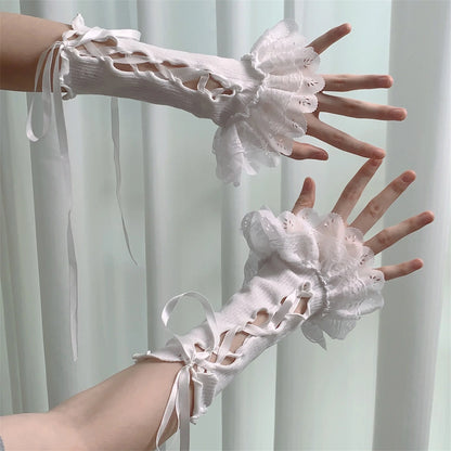 Women Lace Fingerless Gloves With Bowknot For Lolita Cosplay Arm Warmers 💗🎀