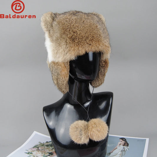 Lux Real Rabbit Fur Bomber Hat for Women with Pom Pom Warm Winter Cap ❄️🐰