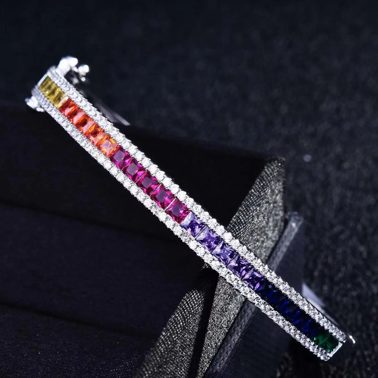 Kawaii Sparkle 🌈✨ Rainbow Zircon Bangle - Luxurious Colorful Diamond Bracelet for Girls 🎀 Fine Jewelry Gift!