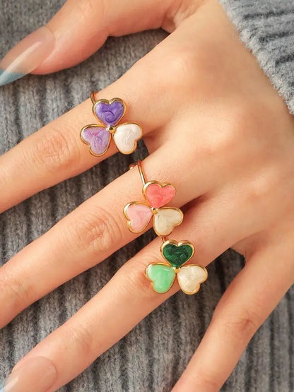 Multicolor Enamel Clover Ring For Women Stainless Steel 18K Gold Plated Waterproof Cute Lucky Jewelry 🍀💍✨