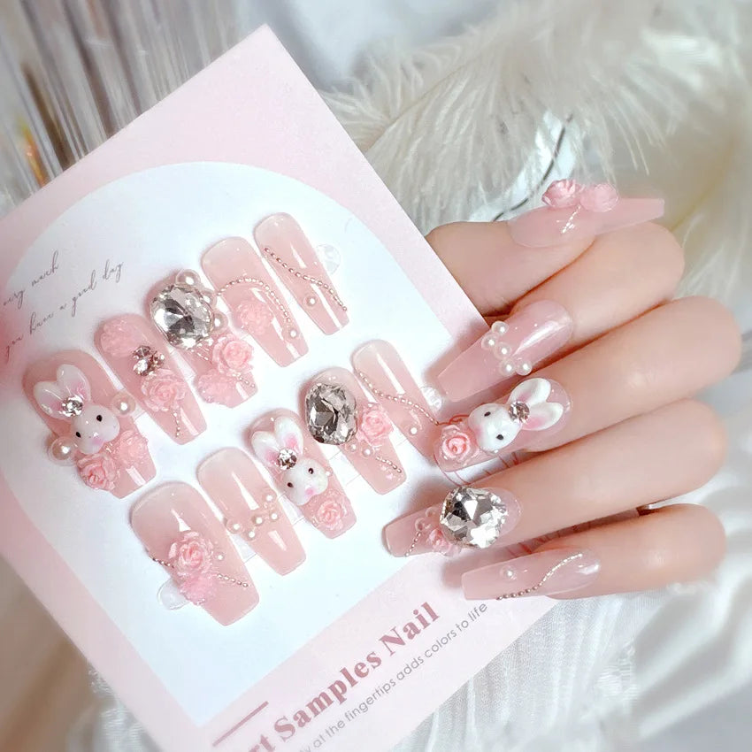 Kawaii Glittery Bear & Rabbit Press-On Nails 🎀✨ - 24Pcs Luxury Rhinestone False Nails with Jelly Glue! 🐻🐰💖