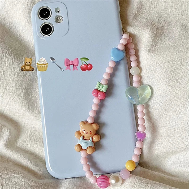 Korean 3D Bear Cherry Heart Beaded Phone Chain Lanyard For All Phones 🧸🍒💖📱