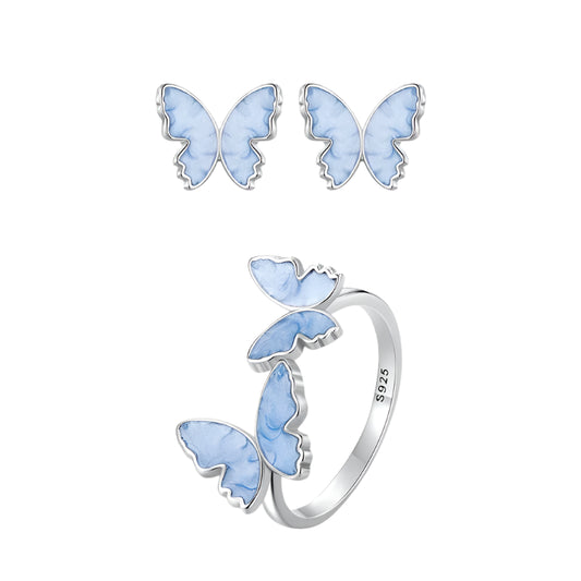 Kawaii 925 Silver Blue Butterfly Ring 🦋✨ | Adorable Enamel Wedding Gift & Matching Stud Earrings 🎁💕