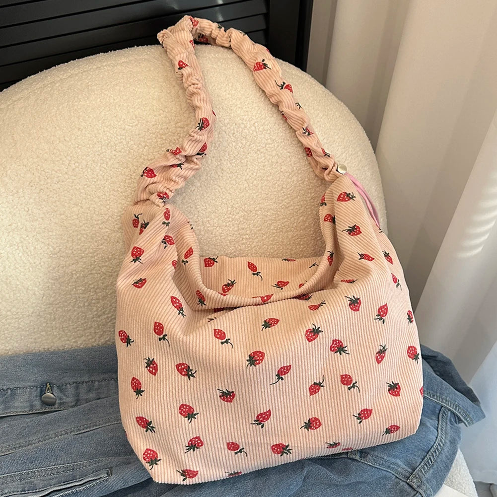 🍓 Sweet Strawberry Dreams ☁️✨ Adorable Pleated Corduroy Crossbody Bag for Trendy Adventures! 🎒💕 - Pixie Quill