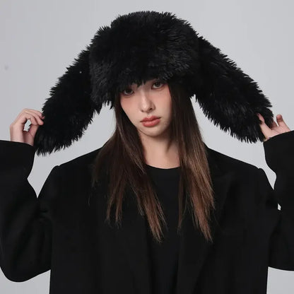 Kawaii Bunny Ears Plush Hat 🐰✨ | Cozy Faux Fur Skull Cap for Women - Perfect for Parties & Daily Wear!