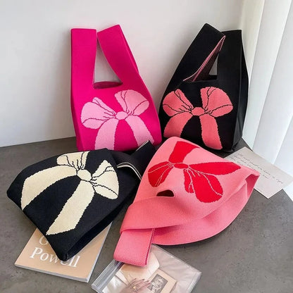 Women Handmade Knot Wrist Bag CNew Bowknot Knit Handbags asual Small Bow Tote Bag Girls Reusable Shopping Bags