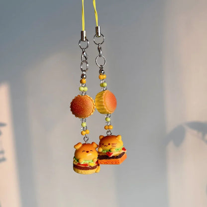 Retro Japanese Trinkets Keychain Lanyard Charm Set Dog Cat Resin 🍔🍰 🐶🐱