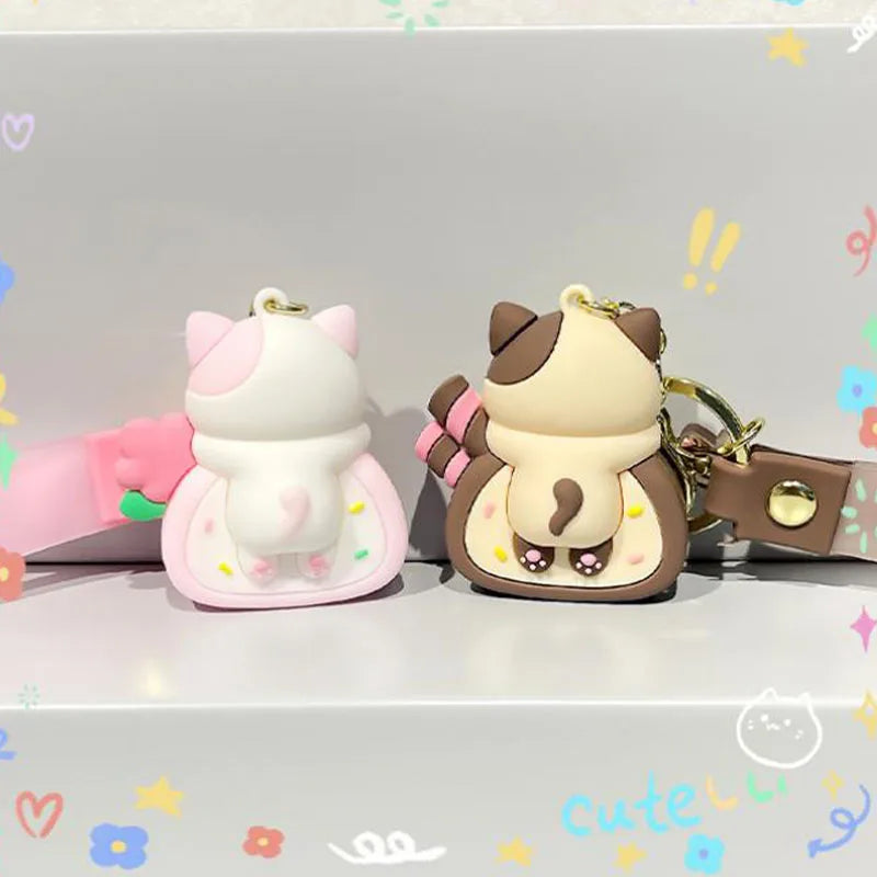 Cute Cat Keychain Charm PVC Cake Roll Key Ring For Bags And Gifts 🐱🍰🎀